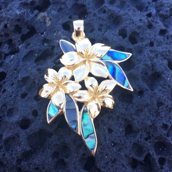 Plumeria Flowers Necklace Pendant. 18k Gold Vermeil. Abalone Paua Shell.