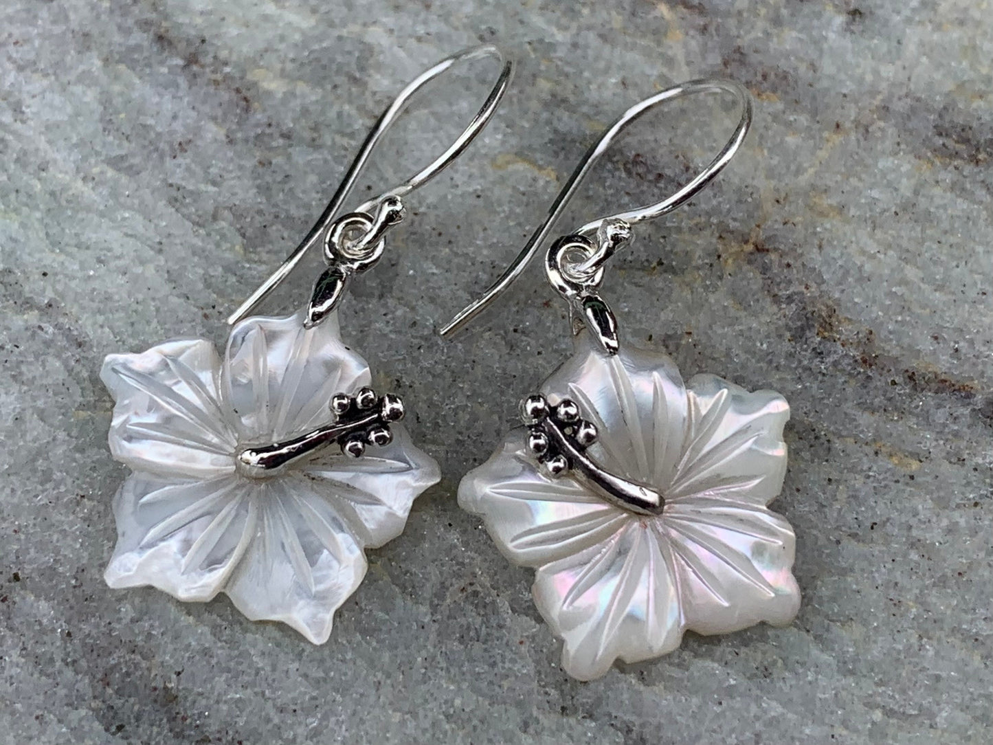 Hibiscus Flower Necklace Earrings. Hawaiian State Flower. Sterling Silver, Mother of Pearl