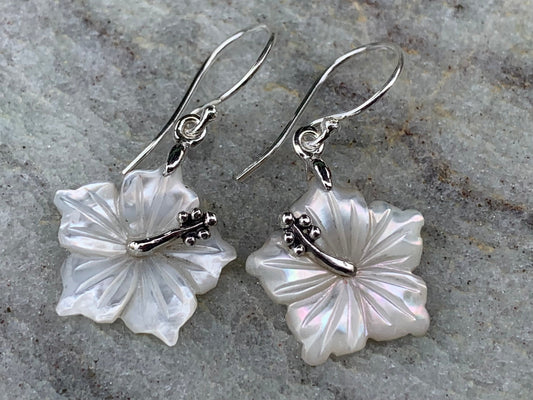 Hibiscus Flower Necklace Earrings. Hawaiian State Flower. Sterling Silver, Mother of Pearl