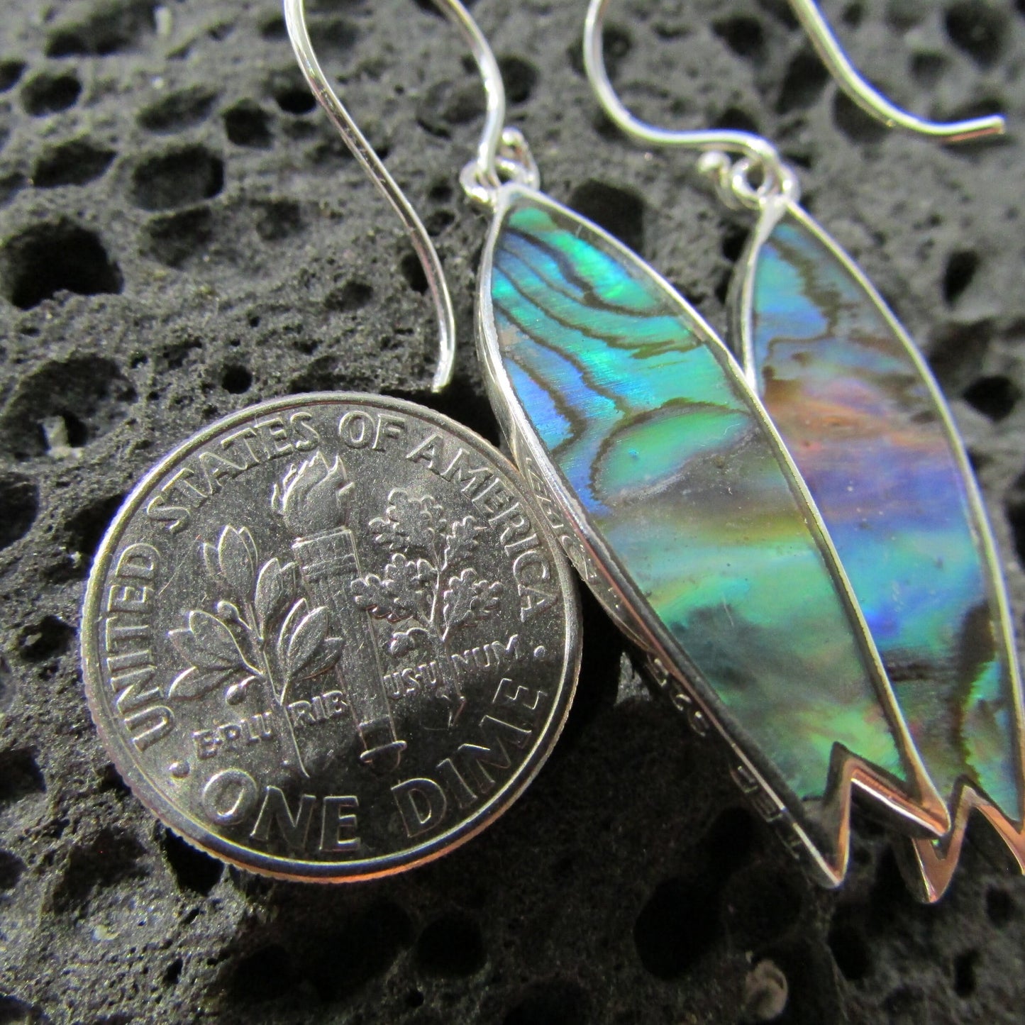 Surfboard Manta Ray Earrings. Abalone Paua Shell. Sterling Silver.