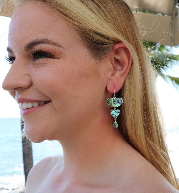 Heart Teardrop Earrings. Abalone Paua Shell. Sterling Silver.