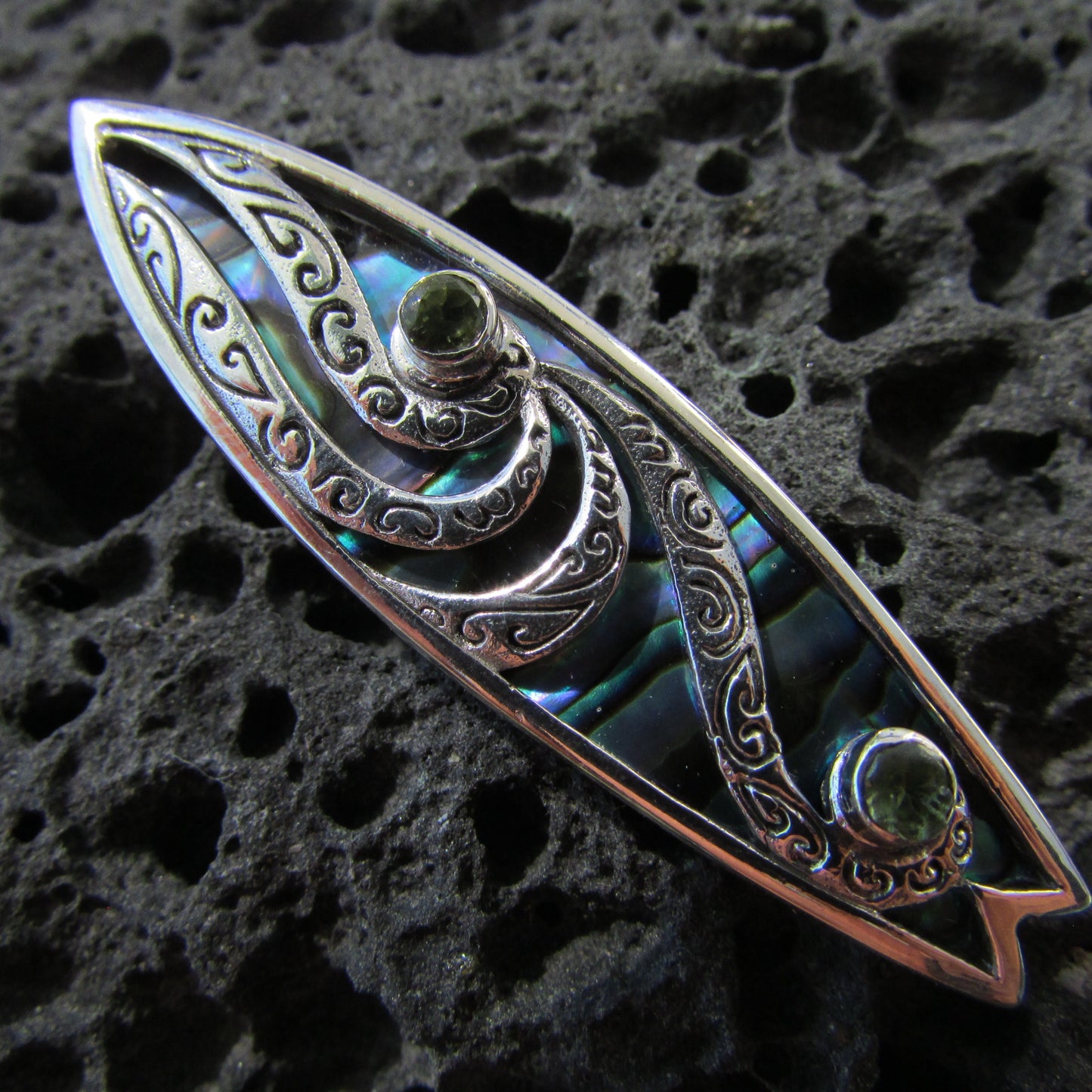 Surfboard Polynesian Tattoo Design. Peridot, Paua Abalone Shell, Sterling Silver.
