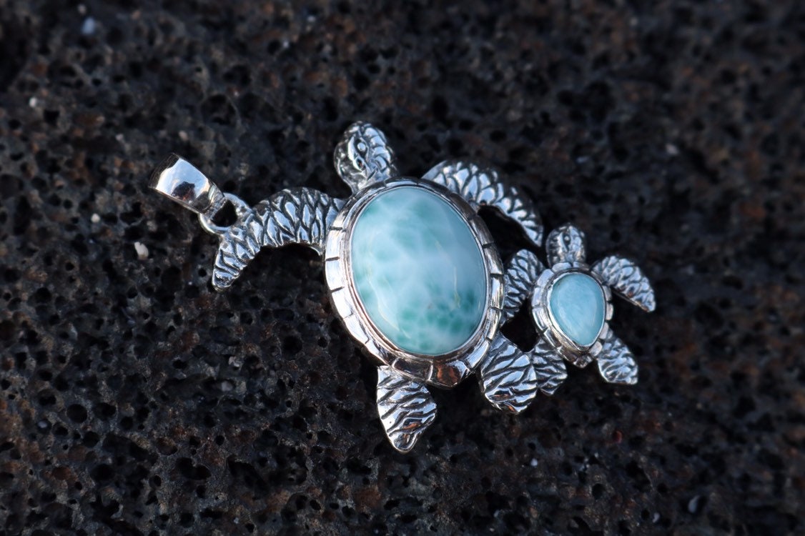 Larimar Turtle and Baby Necklace Pendant Jewelry. Sterling Silver.