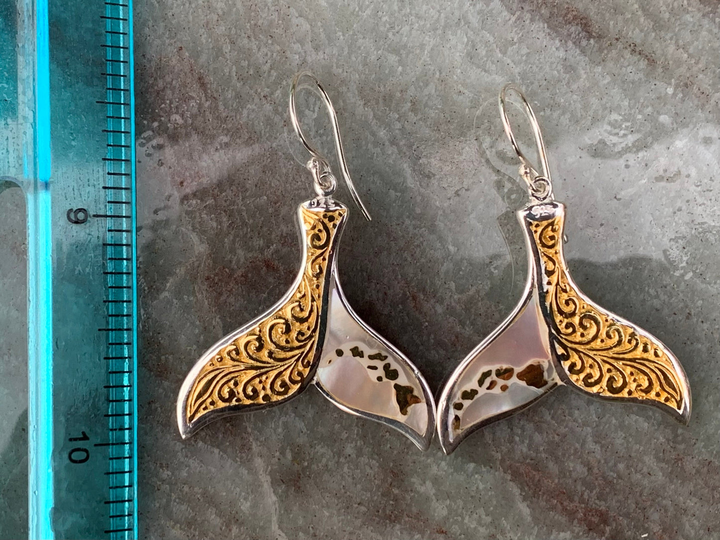 Hawaiian Islands Whale Tail Earrings. Kauai, Oahu, Maui, Big Island of Hawaii. Gold, Silver, Mother of Pearl.