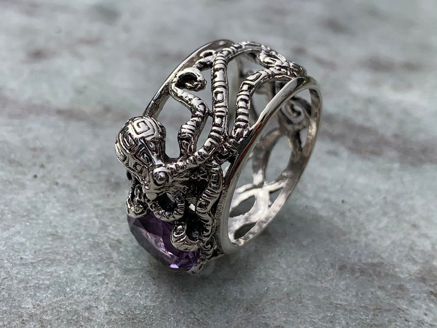Octopus Ring. Amethyst, Sterling Silver.