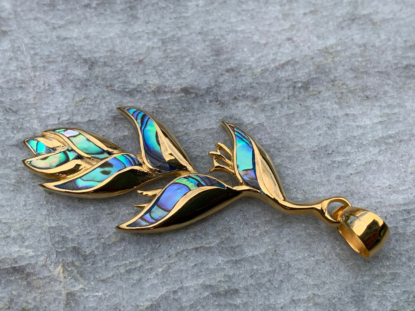 18K Gold Vermeil Heliconia Flower Necklace Pendant. Abalone Shell.