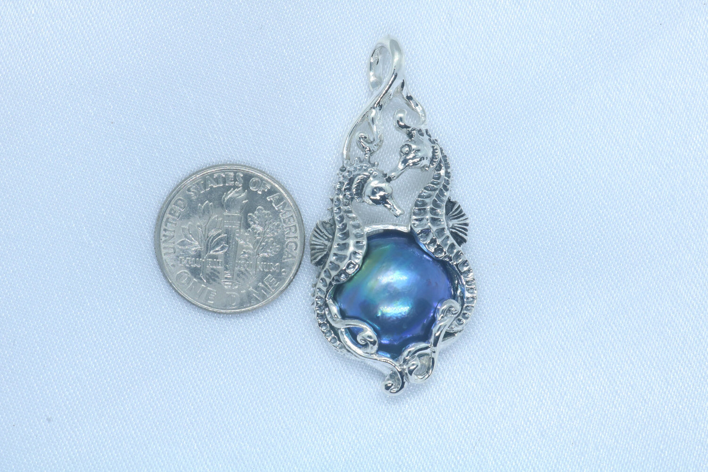 Seahorse Blue Mabe Pearl Silver Pendant Necklace