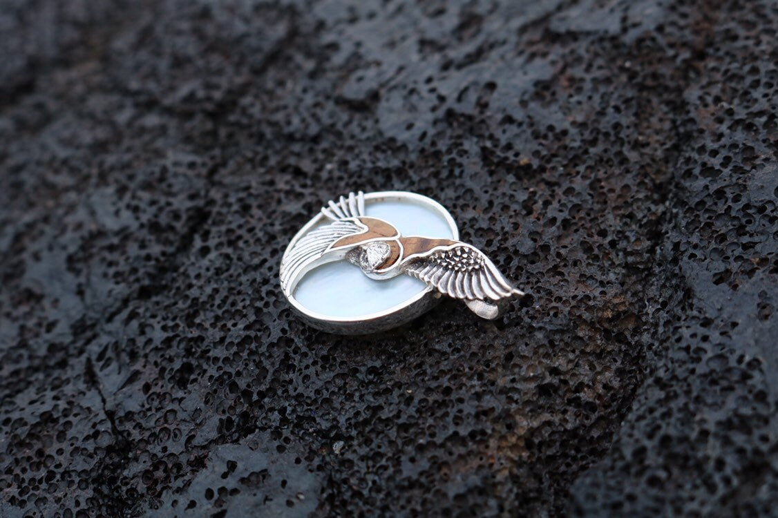 Moon Owl Hawaiian Pueo Aumakua Necklace Pendant. Hawaiian Koa Wood, Mother of Pearl, Sterling Silver.