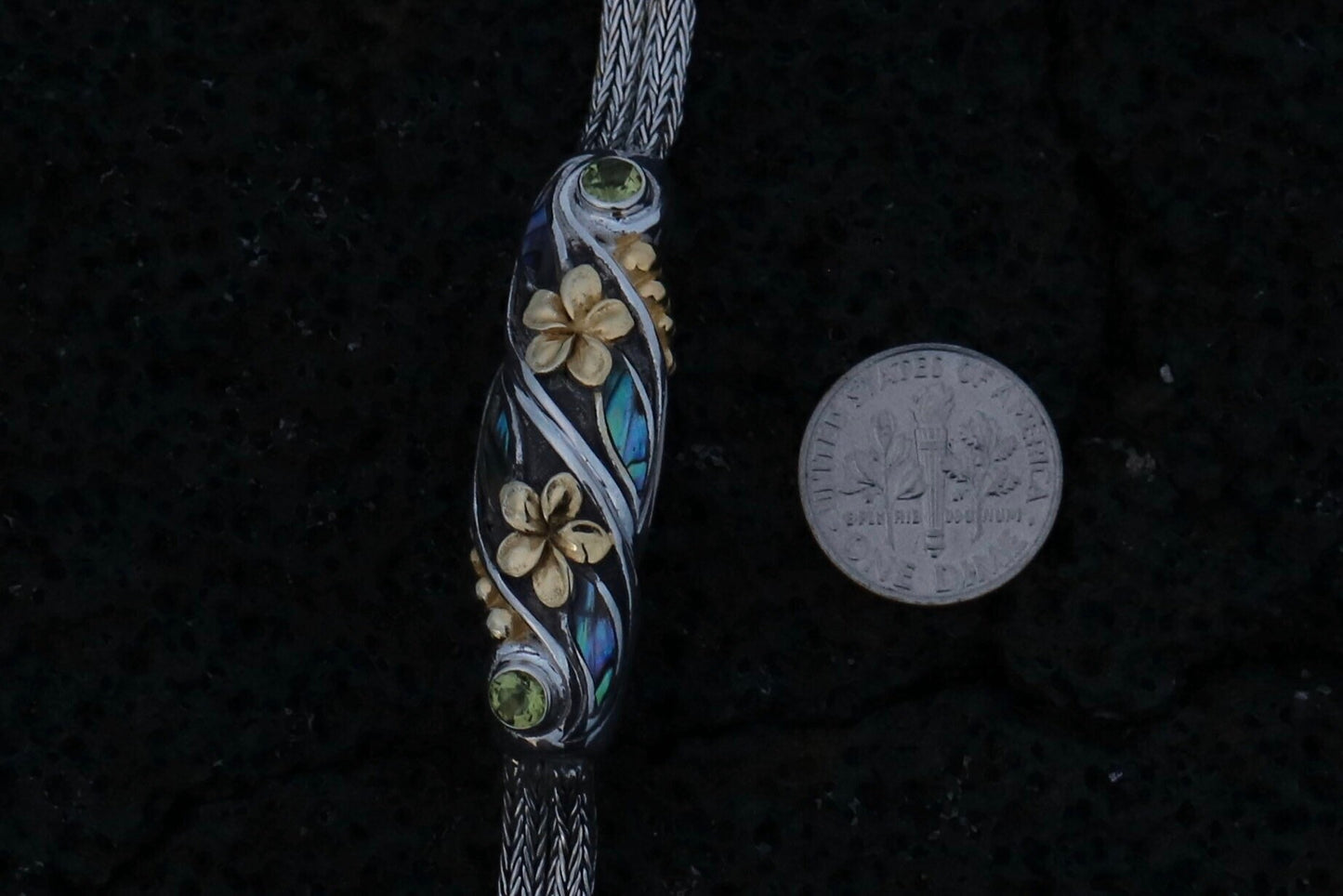 Plumeria Flower Bracelet. 18K Gold Vermeil, Abalone Shell, Peridot, Sterling Silver.