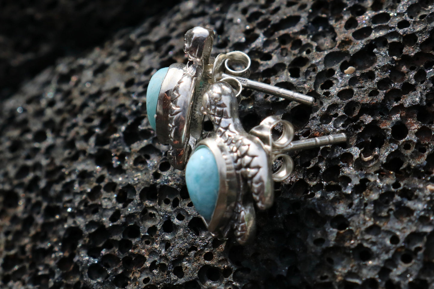 Larimar Turtle Earrings Studs. Sterling Silver.