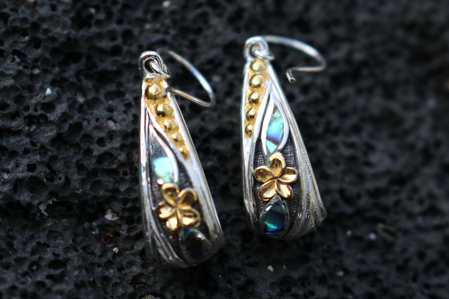 18K Gold Vermeil Plumeria Peridot Abalone Shell Hoop Earrings. Sterling Silver.