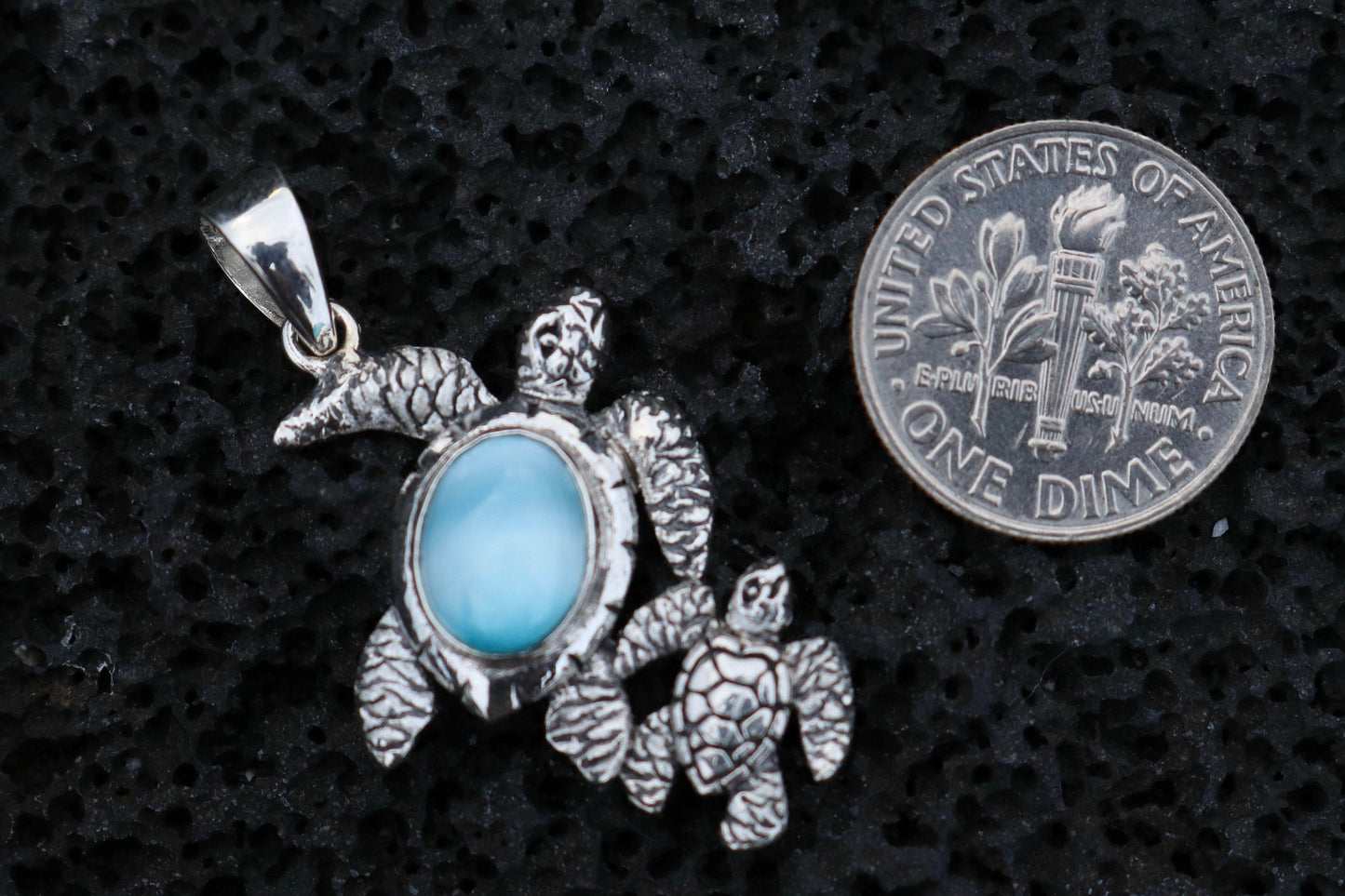 Larimar Turtle and Baby Necklace Pendant Jewelry. Sterling Silver.