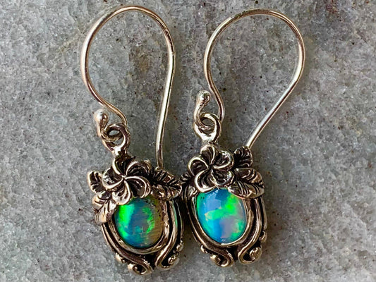 Opal Plumeria Flower Earrings. Sterling Silver.