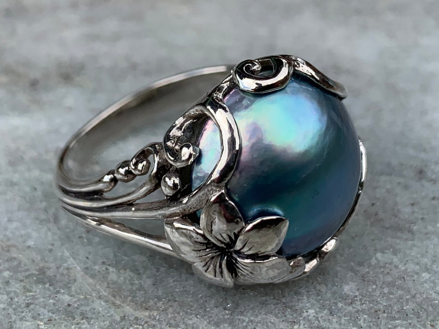 Blue Mabe Pearl Plumeria Flower Silver Ring