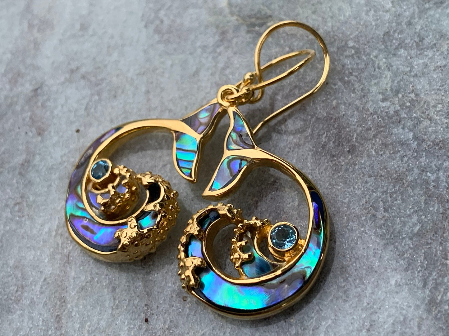 Whale Tail and Wave Swiss Blue Topaz 18k Gold Vermeil Earrings