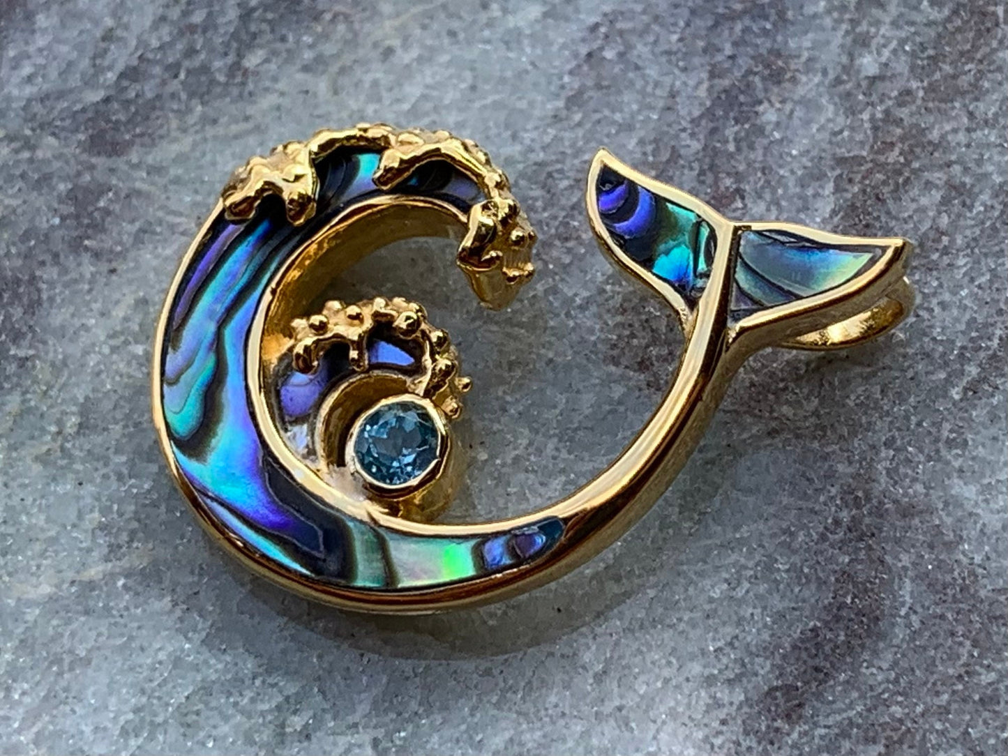 Whale Tail and Wave Swiss Blue Topaz 18k Gold Vermeil Necklace Pendant