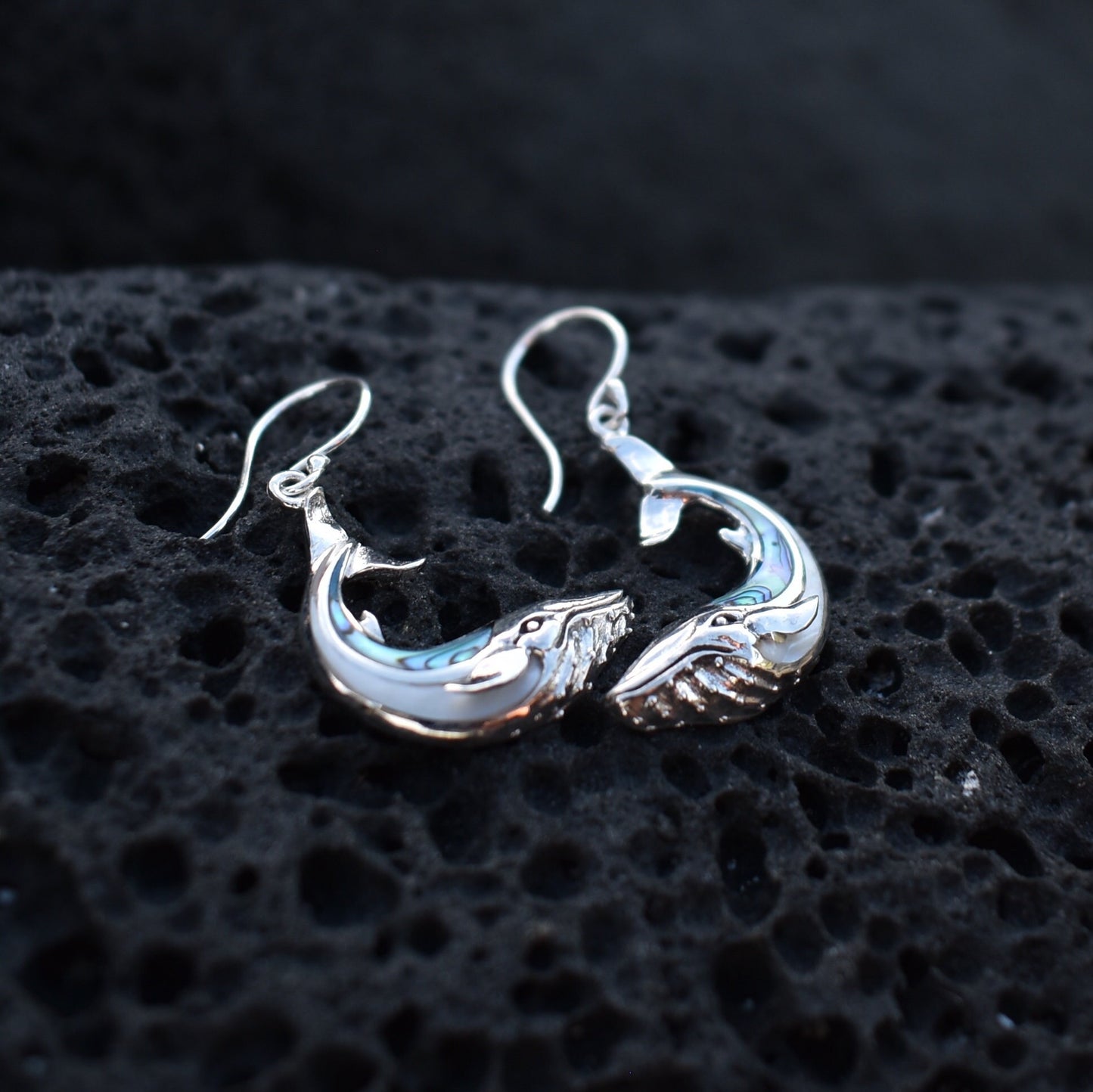 Whale earrings. Sterling Silver. Abalone Shell. Mother of Pearl.