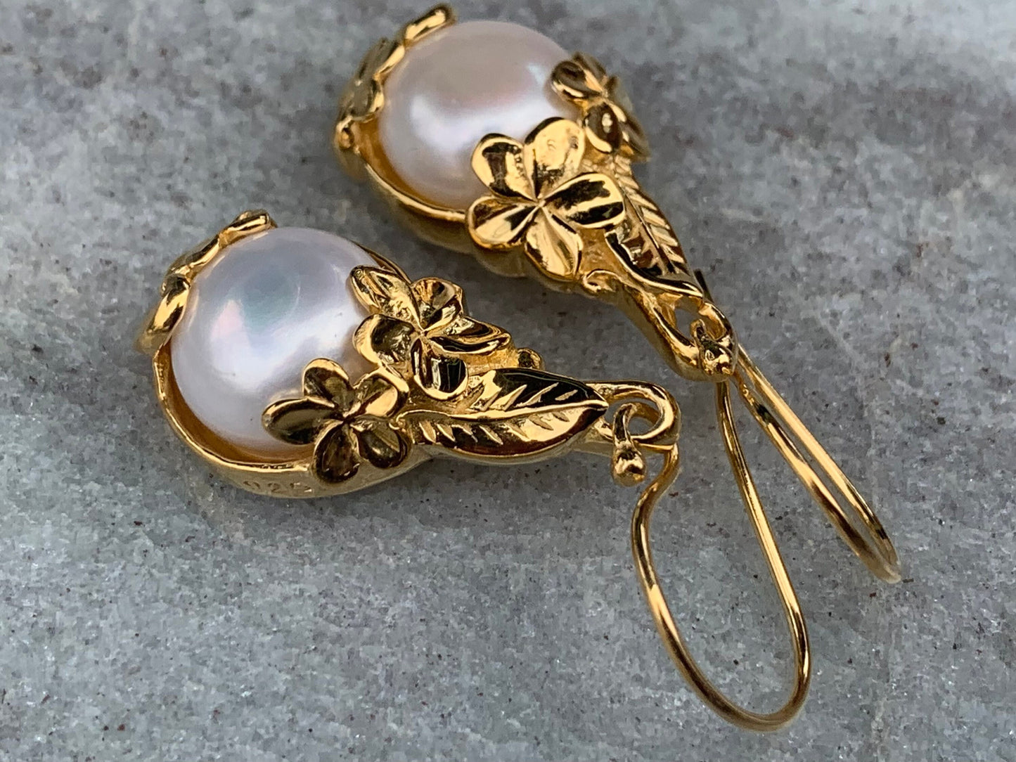 18k gold vermeil white mabe pearl plumeria flower earrings.