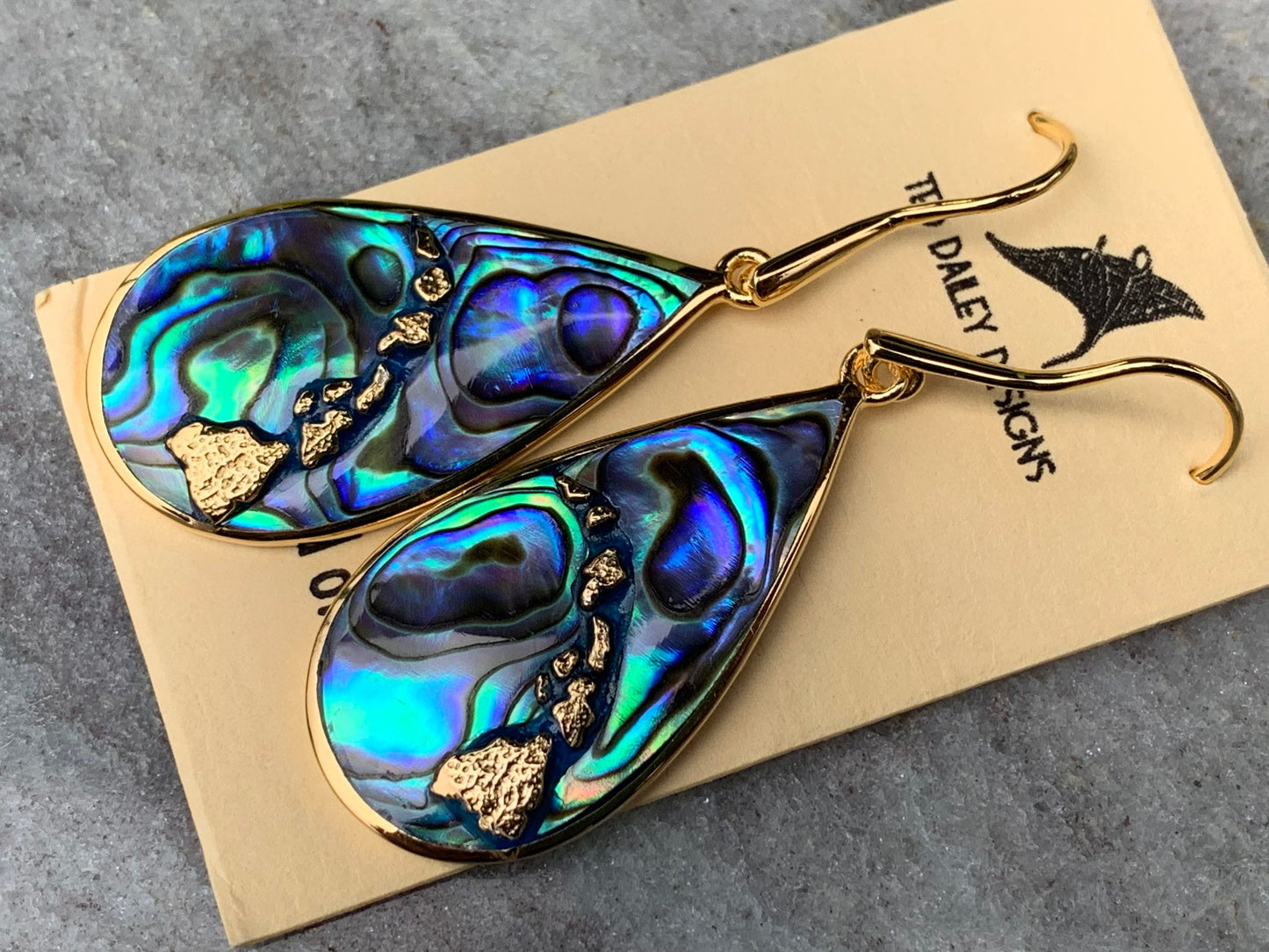 Hawaiian Islands Chain Earrings. Kauai, Oahu, Maui, Big Island of Hawaii. Silver, 18k Gold, Abalone Paua Shell.