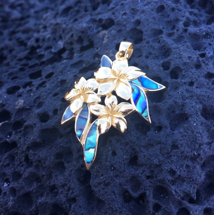 Plumeria Flowers Necklace Pendant. 18k Gold Vermeil. Abalone Paua Shell.