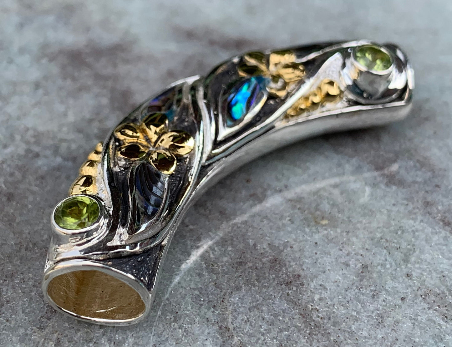 Plumeria Slider Necklace Pendant. 2 Peridot Gemstones, Abalone Shell, Sterling Silver, 18K Gold.