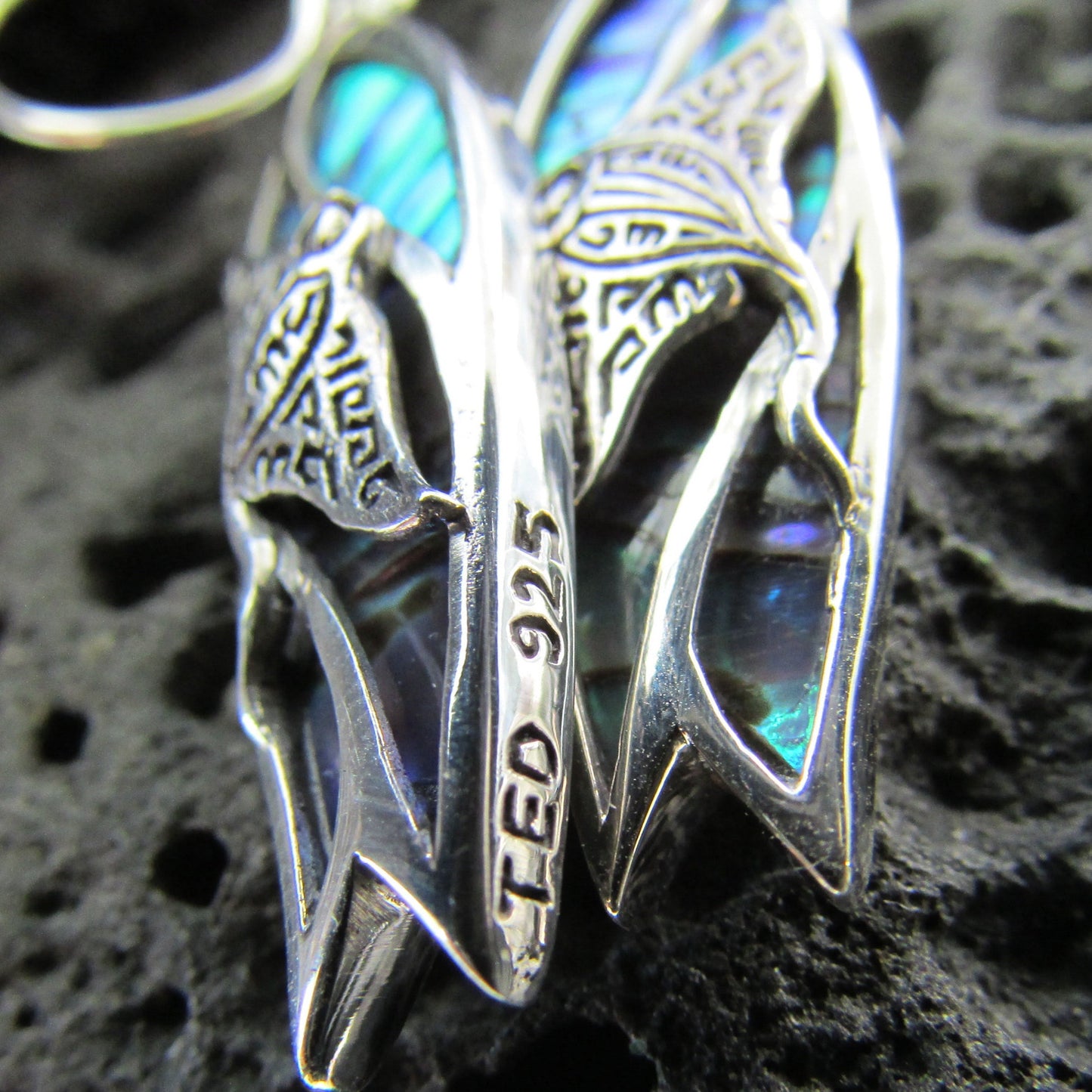 Surfboard Manta Ray Earrings. Abalone Paua Shell. Sterling Silver.