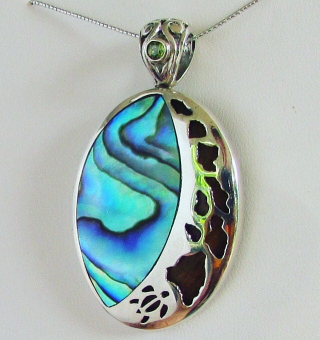 Hawaii Island Chain Necklace Pendant Large | Abalone Paua Shell | Peridot | Sterling Silver | Koa Wood | Beach | Gift | Jewelry | Handmade
