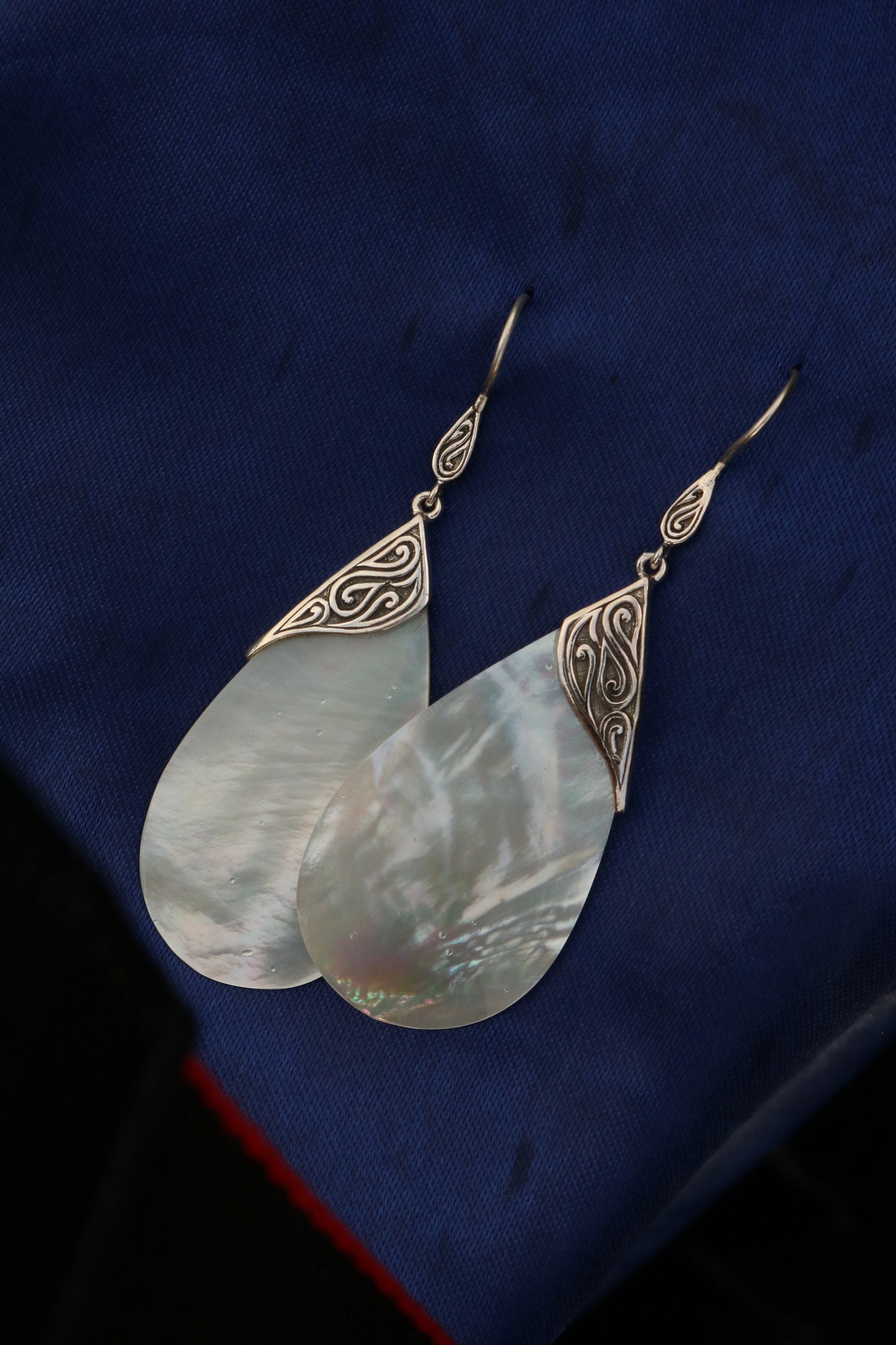 Mother of Pearl Teardrop Earrings Tribal Design. Sterling Silver.