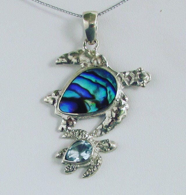 Sea Turtle Couple Necklace Pendant | Abalone Paua Shell | Blue Topaz | Sterling Silver | Ocean | Beach | Gift | Jewelry | Handmade | Unique