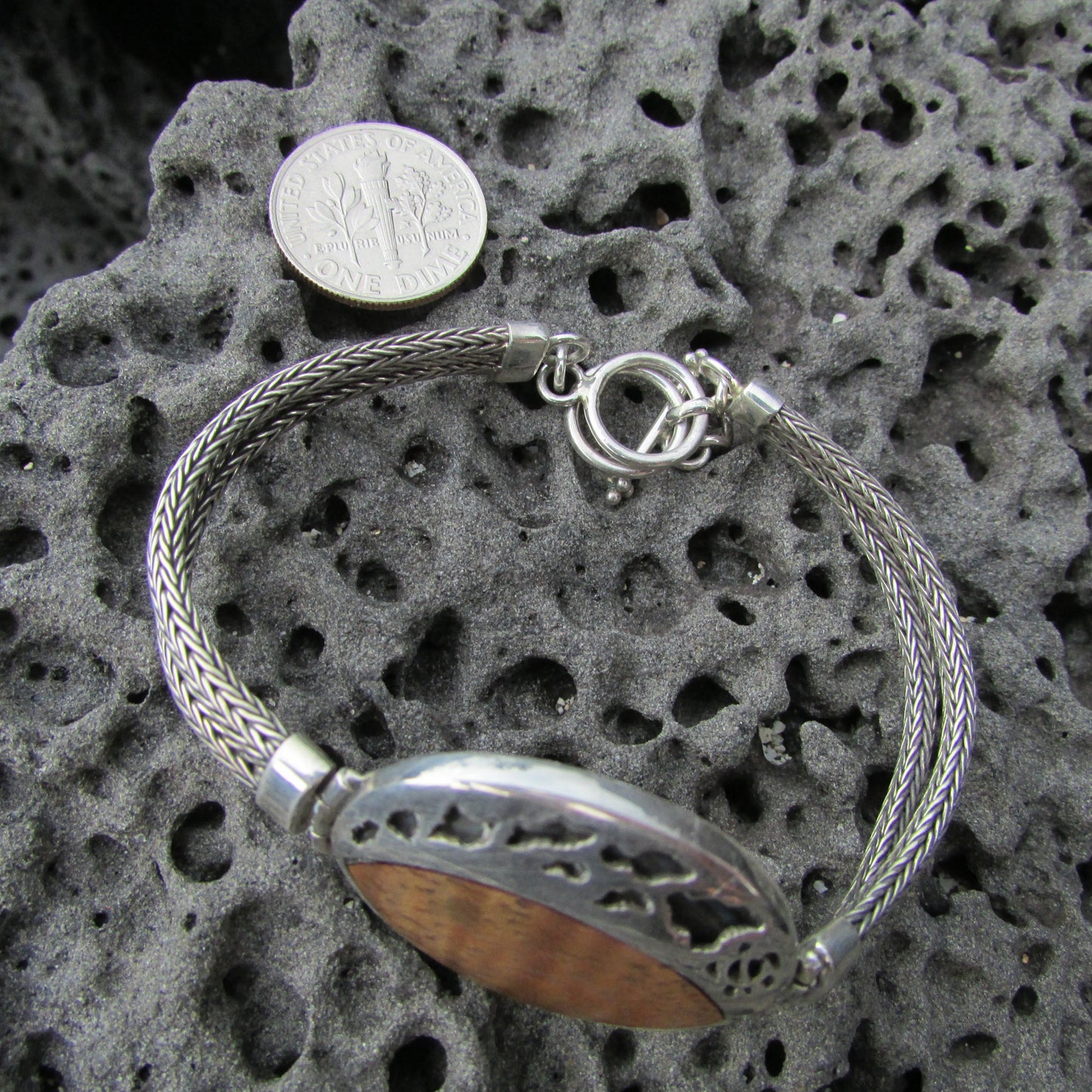 Hawaii Islands Woman's Bracelet (8 Islands) with Turtle Honu | Hawaiian Koa Wood | Abalone Paua Shell | Sterling Silver