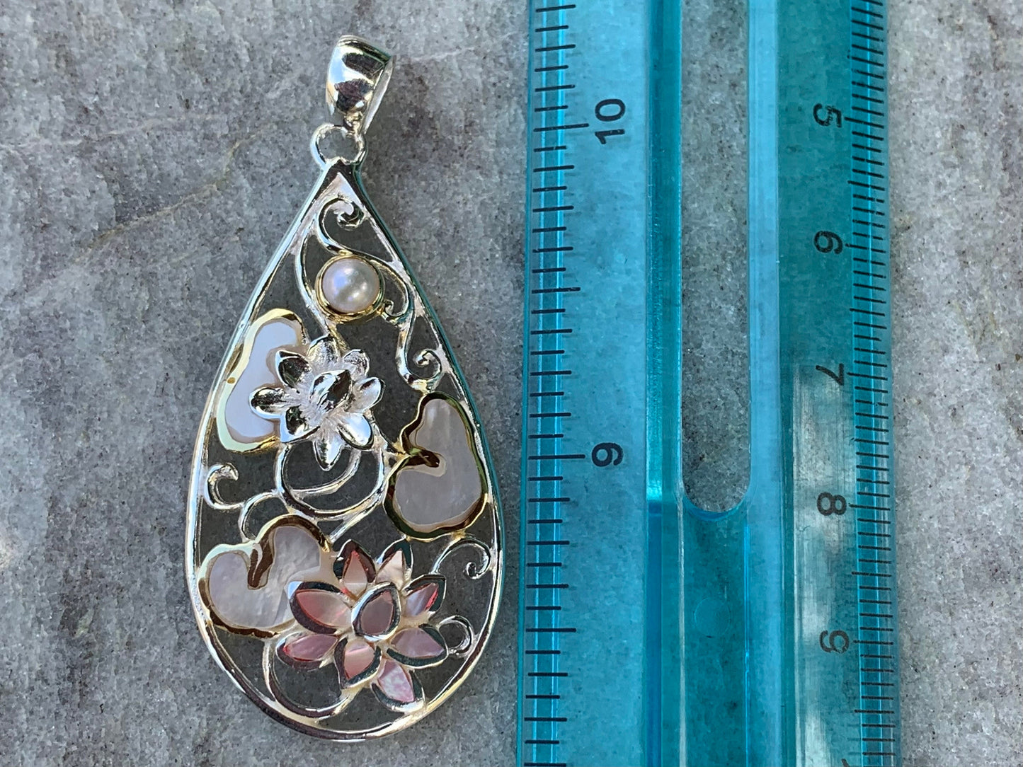 Pink Lotus Flower Necklace Pendant. Sterling Silver, Pearl, Gold, Mother of Pearl.