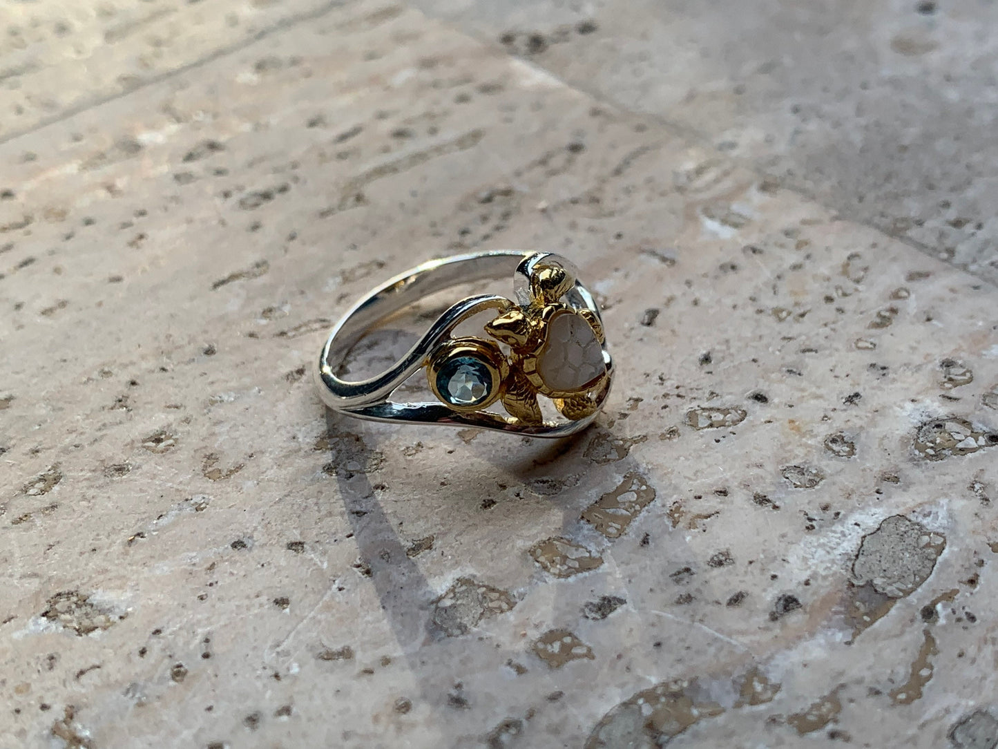 Swiss Topaz Turtle Ring. Mother of Pearl, Silver, Gold.