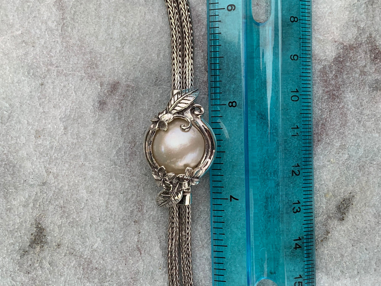 Plumeria Flower White Pearl Mabe Silver Bracelet.