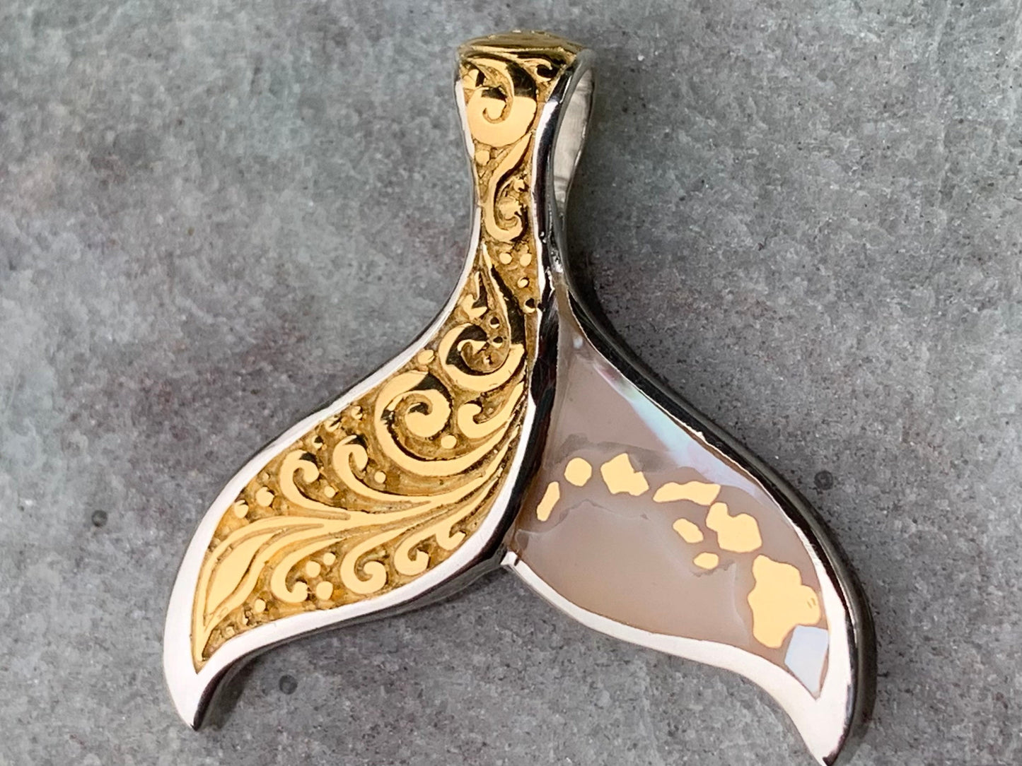 Hawaiian Islands Whale Tail Pendant Necklace. Kauai, Oahu, Maui, Big Island of Hawaii. Gold, Silver, Mother of Pearl.