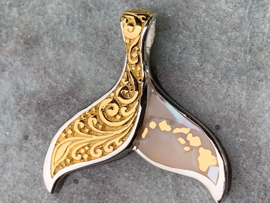 Hawaiian Islands Whale Tail Pendant Necklace. Kauai, Oahu, Maui, Big Island of Hawaii. Gold, Silver, Mother of Pearl.
