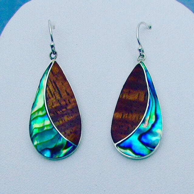 Teardrop Earrings | Paua Abalone Shell | Koa Wood | Sterling Silver | Gift | Jewelry | Handmade | Unique