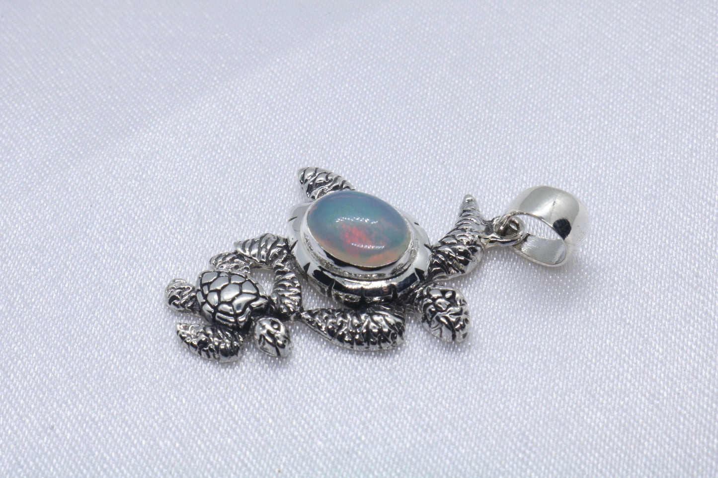 Opal Turtle Hawaiian Honu Mom and Baby silver Necklace Pendant