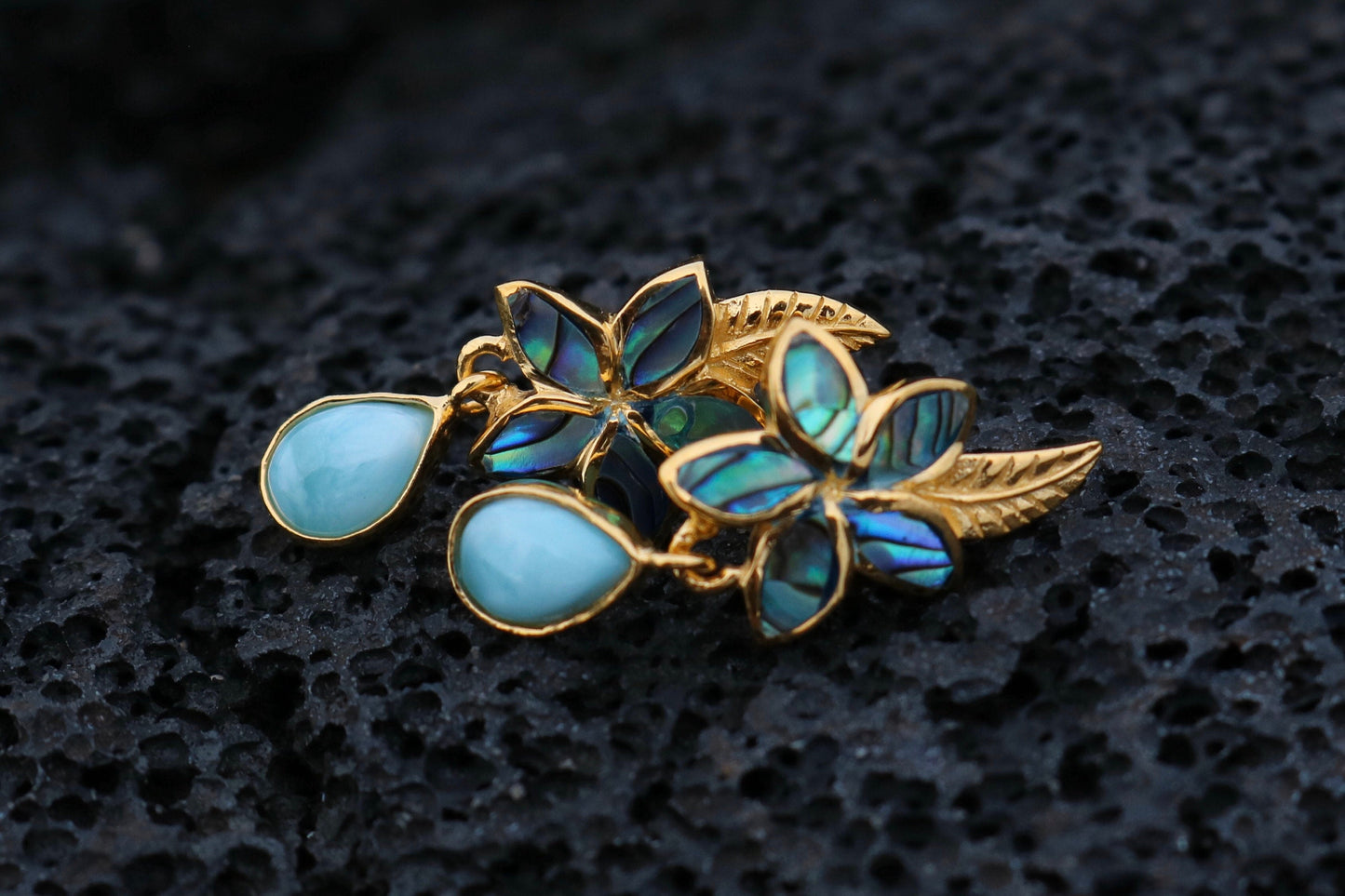 18K Gold Vermeil Plumeria Flower Larimar Stud Earrings. Abalone Shell, Sterling Silver.