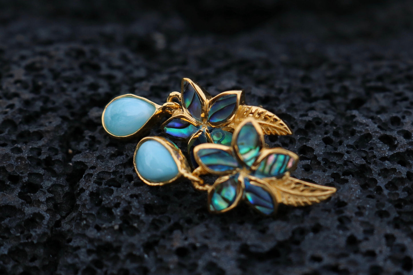 18K Gold Vermeil Plumeria Flower Larimar Stud Earrings. Abalone Shell, Sterling Silver.