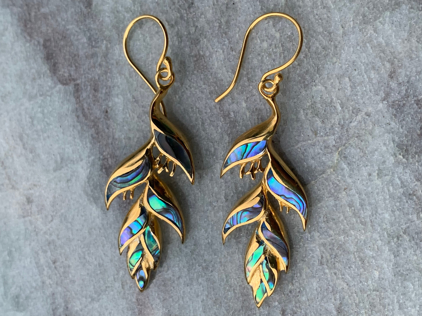 18K Gold Vermeil Heliconia Flower Earrings. Abalone Shell.