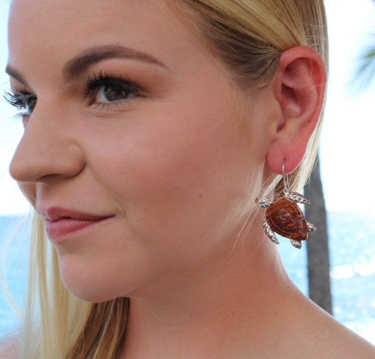 Sea Turtle Earrings Large | Koa Wood | Sterling Silver | Ocean | Beach | Gift | Jewelry | Handmade | Unique