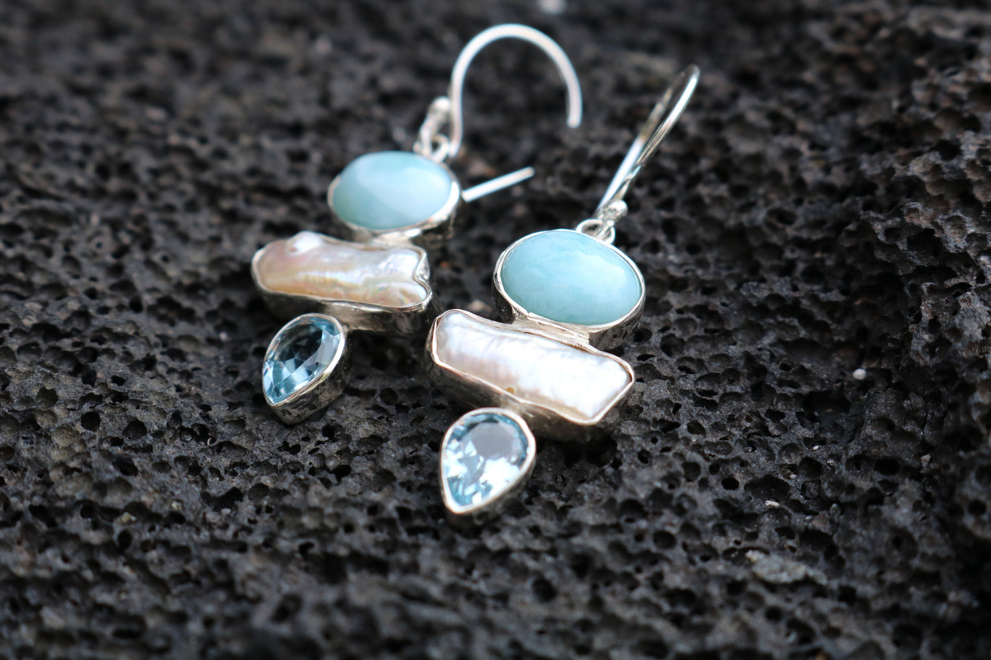 Larimar Pearl Blue Topaz Earrings. Sterling Silver.