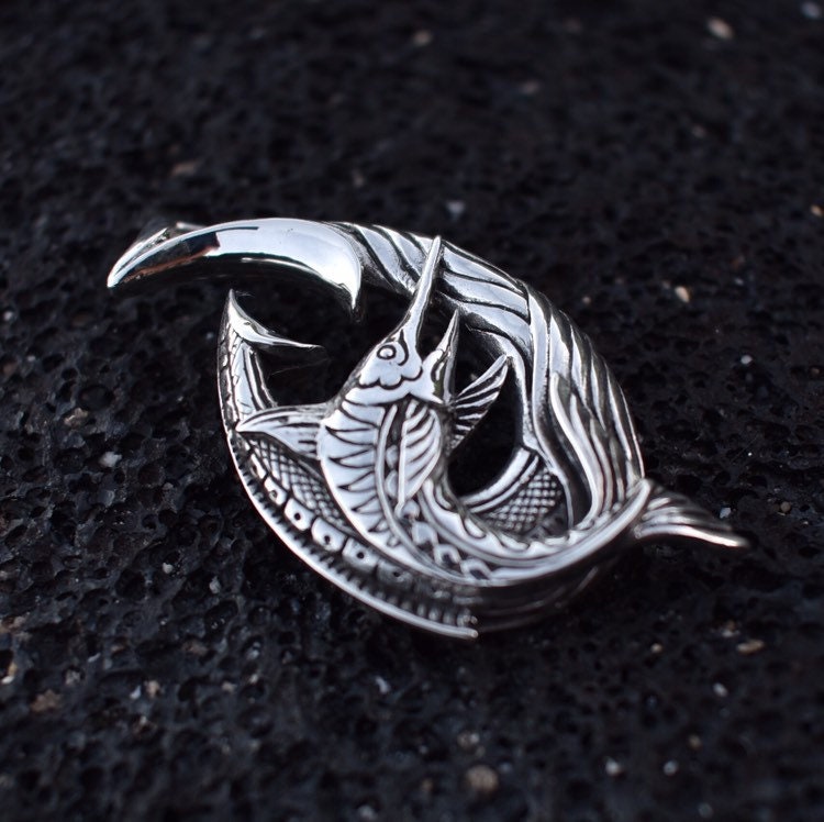 Fishing Hook Necklace Pendant with Marlin. Sterling Silver.