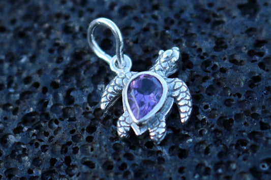 Turtle Charm Amethyst Necklace Pendant. Sterling Silver.
