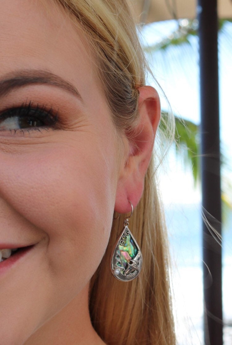 Manta Ray Wave Earrings | Abalone Paua Shell | Pearl | Sterling Silver | Ocean | Beach | Gift | Jewelry | Handmade | Unique