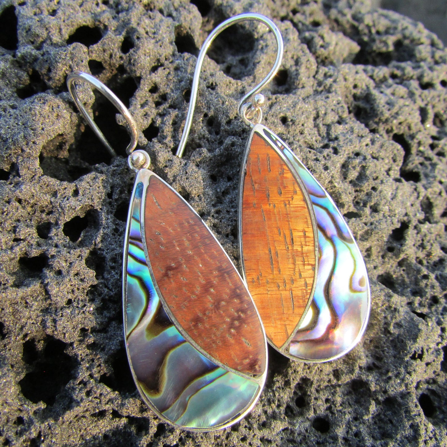 Teardrop Earrings | Paua Abalone Shell | Koa Wood | Sterling Silver | Gift | Jewelry | Handmade | Unique