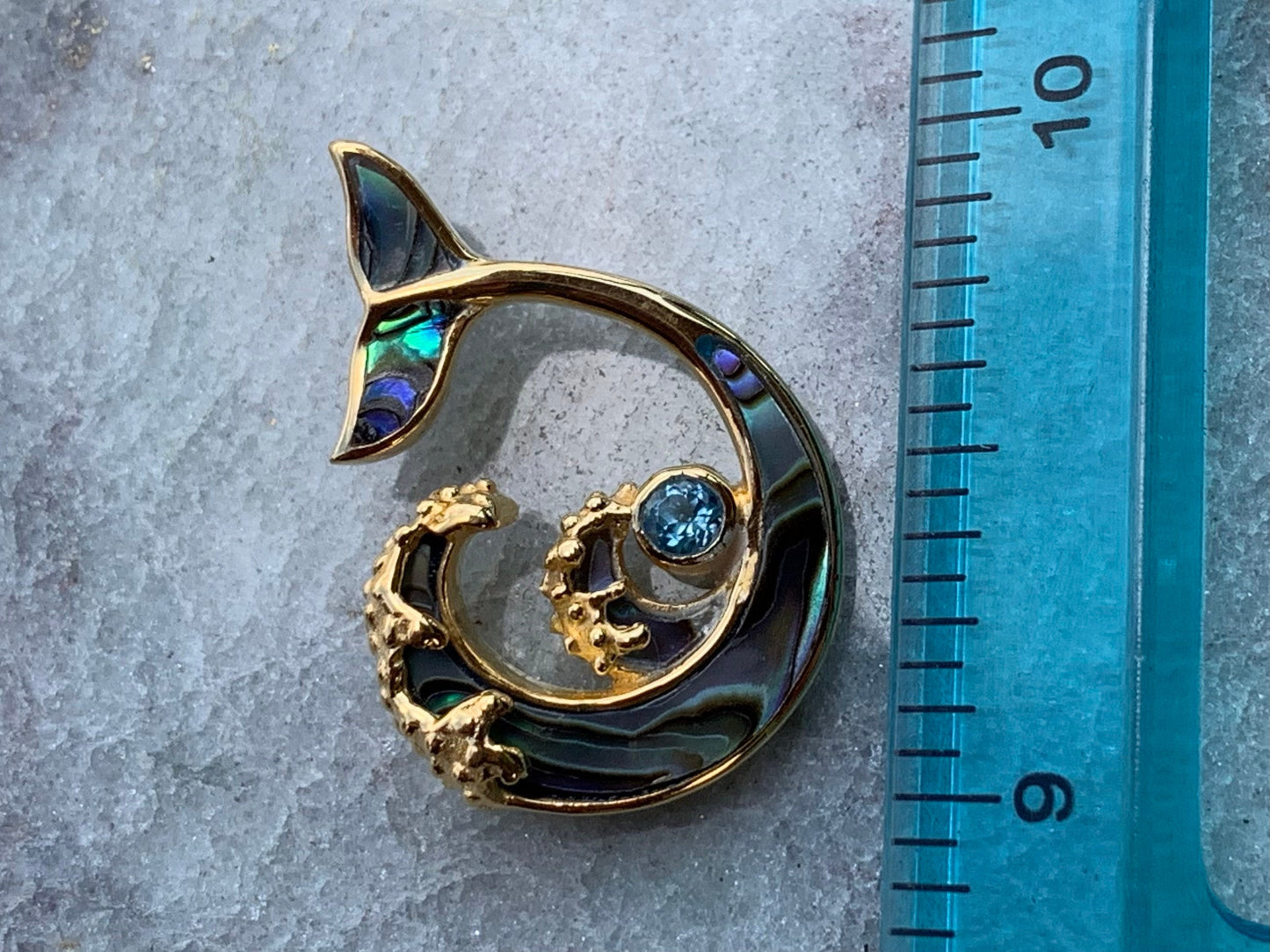 Whale Tail and Wave Swiss Blue Topaz 18k Gold Vermeil Necklace Pendant