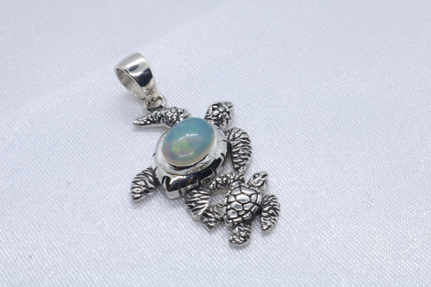 Opal Turtle Hawaiian Honu Mom and Baby silver Necklace Pendant