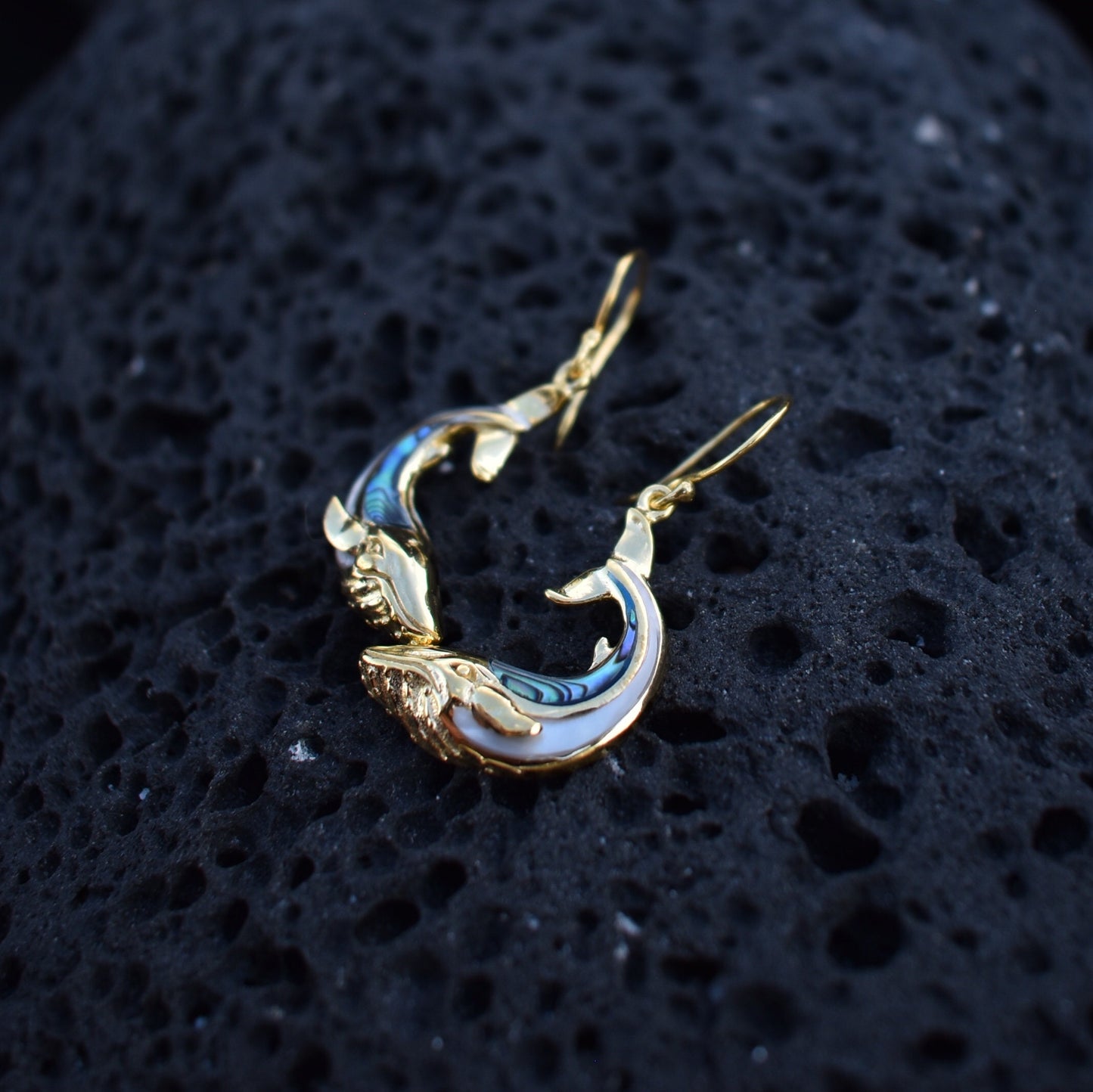 18K Gold Vermeil Whale earrings. Abalone Shell. Mother of Pearl.