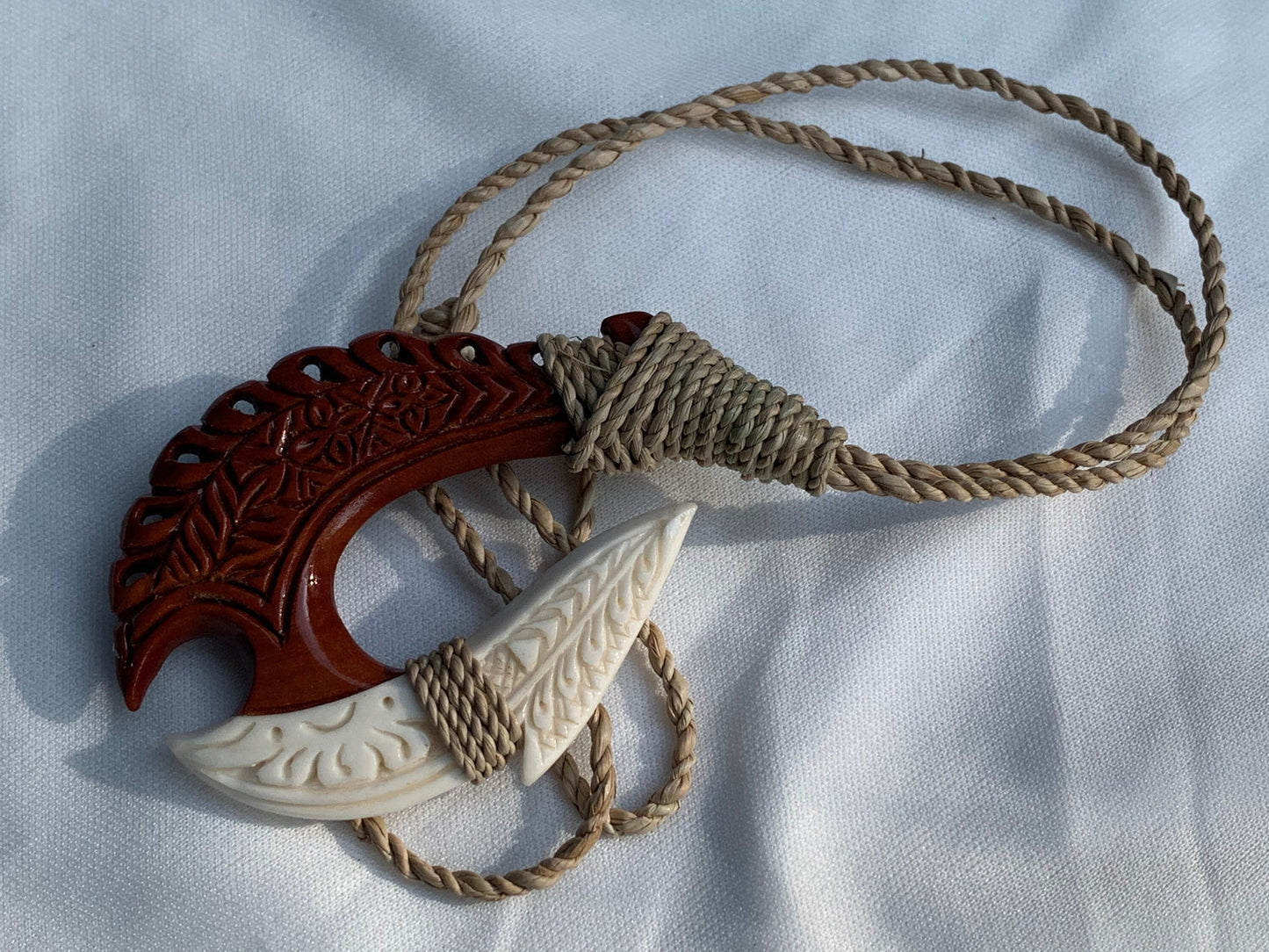 Hawaiian Makau Polynesian Matau Maui Carved Fish Hook Necklace. Bone, Wood.
